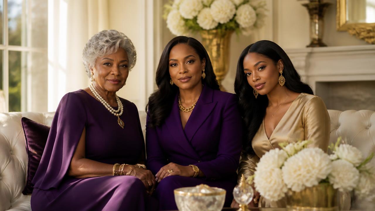 Three generations of women in an elegant cream and gold sitting room — the legacy Atelier Sessions teaches families to build